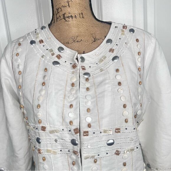 Sz M Gretchen Scott Linen Blend White Shell& Rock Embellished 3/4 Sleeve Blouse - Picture 13 of 16